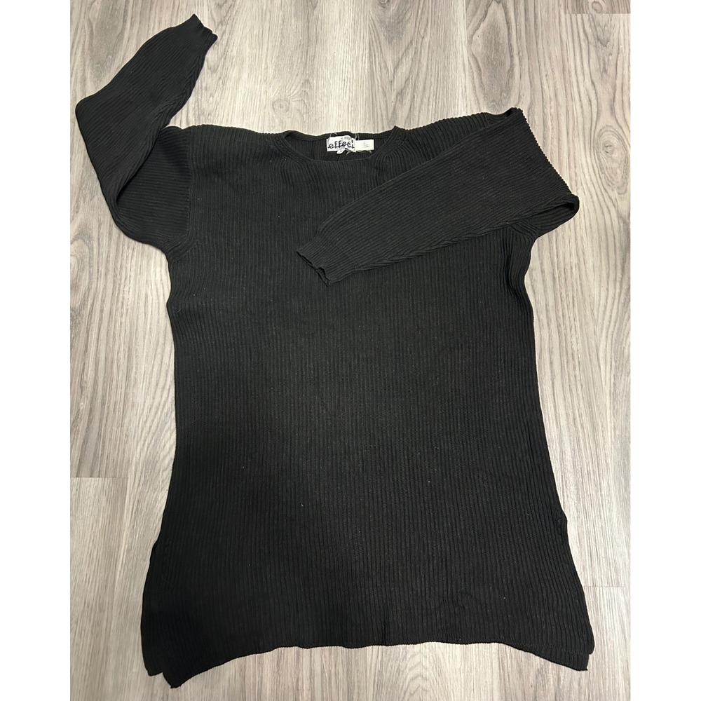 Effeci Vintage Black Ribbed‎ Cotton Tunic Sweater Shoulder Pads Side Slit Large
